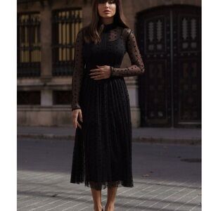Lace & Beads Roman Lola Polka Dot Midi Dress in Black Gold Size 10